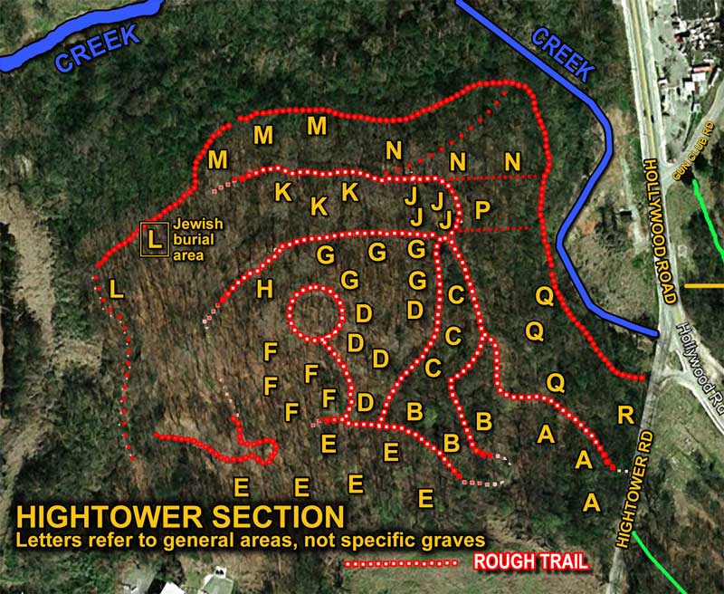 Aerial view of all four sections of Hollywood Cemetery showing grid lines and divisions.